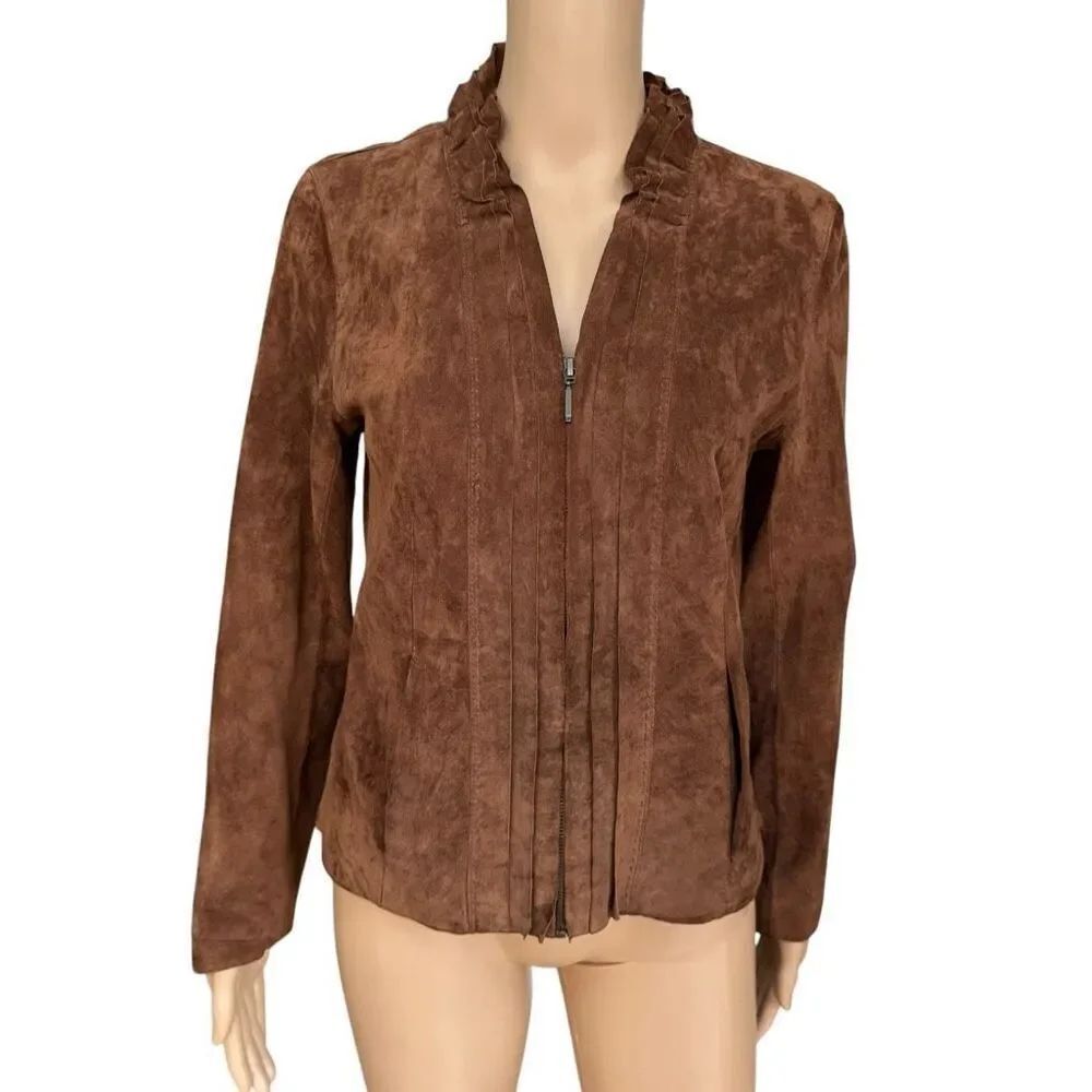 Chico’s Brown Suede Leather Riana Ruffle Zip Jacket Chico’s Size 0 / S